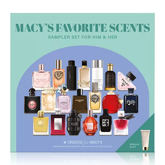 Macy's Favorite Scents Sampler Set for Him & Her features an assortment of perfume and cologne bottles, represented with varied designs and colors, accompanied by a bonus gift tube.