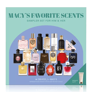 Macy's Favorite Scents Sampler Set for Him & Her features an assortment of perfume and cologne bottles, represented with varied designs and colors, accompanied by a bonus gift tube.
