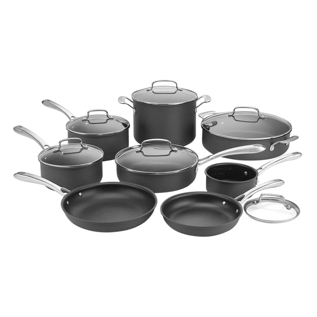 This is a 14-piece Cuisinart cookware set featuring assorted pots and pans with lids, designed in black with silver handles and accents.