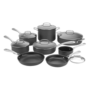 This is a 14-piece Cuisinart cookware set featuring assorted pots and pans with lids, designed in black with silver handles and accents.