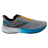 A gray and blue Brooks running shoe with orange laces and \“Hyperion\“ labeled on the white midsole.