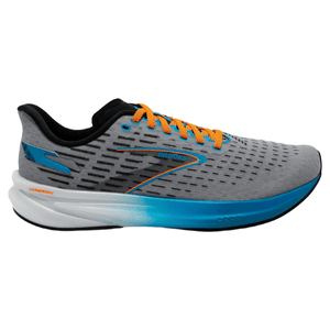 A gray and blue Brooks running shoe with orange laces and \“Hyperion\“ labeled on the white midsole.