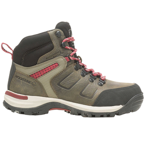 A rugged, waterproof hiking boot with a sturdy sole, featuring a brown and black color scheme and red accents, designed for outdoor activities.