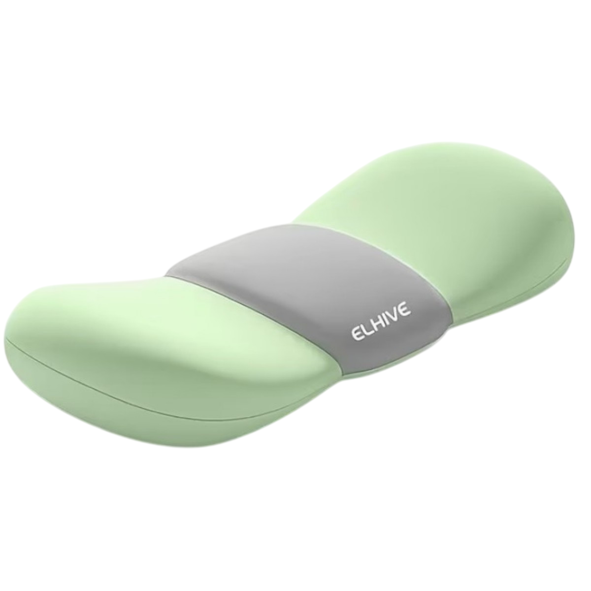 Ergonomically designed, light green cushion with a gray central band labeled \“ELHIVE,\“ possibly for spinal or lumbar support.