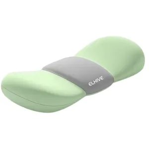 Ergonomically designed, light green cushion with a gray central band labeled \“ELHIVE,\“ possibly for spinal or lumbar support.