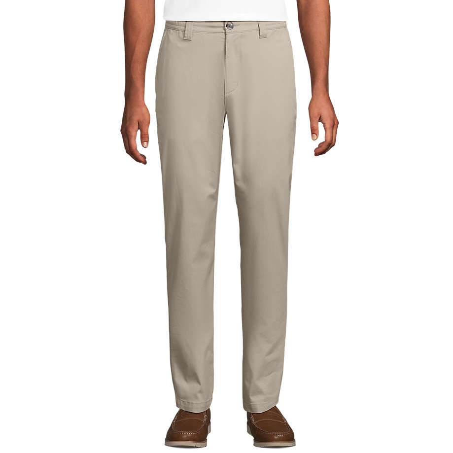 Lands' End Lightweight Relaxed Pants are beige, straight-leg trousers with a button closure and zip fly. They feature side pockets and are paired with brown loafers.