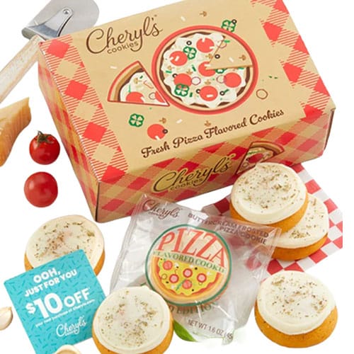 Cheryl's Cookies offers pizza-flavored cookies, packaged in a pizza-themed box, with a $10 discount card included. The cookies have white frosting with seasoning on top.