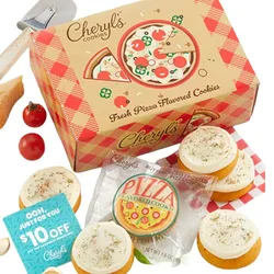 Cheryl's Cookies offers pizza-flavored cookies, packaged in a pizza-themed box, with a $10 discount card included. The cookies have white frosting with seasoning on top.