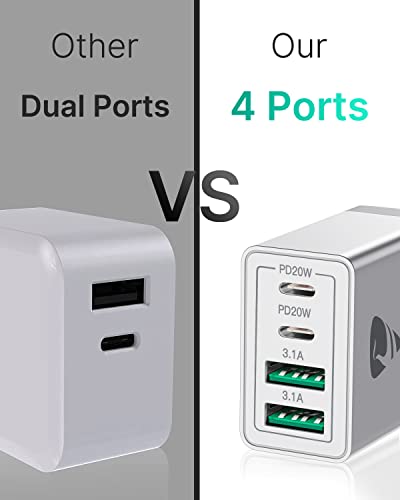 Comparison of a charger with dual ports versus one with four ports, featuring two 20W PD ports and two 3.1A ports.