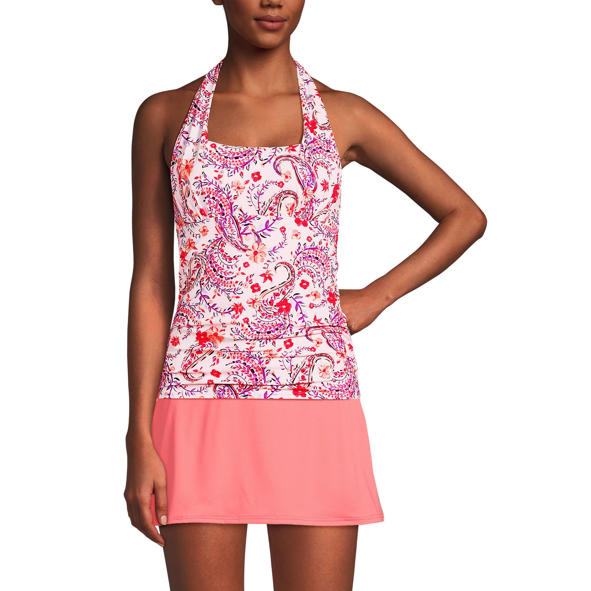 Lands' End Square-Neck Tankini Top features a halter neck design with a vibrant floral and paisley pattern in shades of pink, purple, and red. The top has a fitted silhouette and pairs with a solid pink swim skirt.