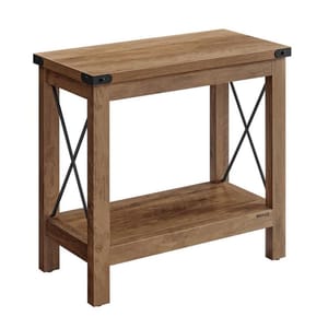 A rectangular wooden side table featuring a shelf and metal X-brace accents on the sides, offering a rustic look.