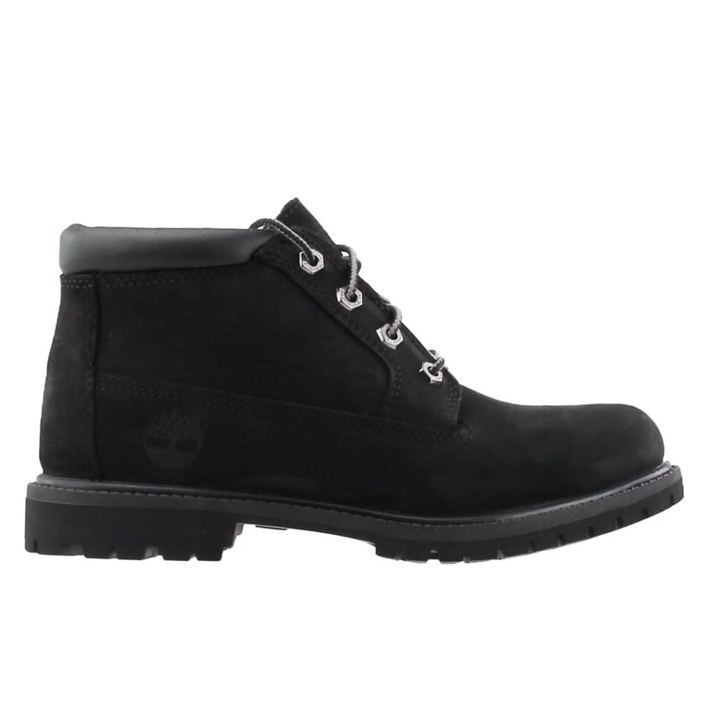 Black ankle-length boots with a round toe, lace-up front, and a prominent logo on the side, designed with a waterproof finish.