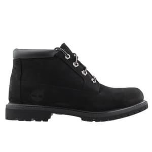 Black ankle-length boots with a round toe, lace-up front, and a prominent logo on the side, designed with a waterproof finish.