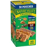 Nature Valley Crunchy Variety Pack includes 60 bars in 30 pouches featuring flavors: Oats 'n Honey, Peanut Butter, and Oats 'n Dark Chocolate, with 20g whole grain.