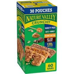Nature Valley Crunchy Variety Pack includes 60 bars in 30 pouches featuring flavors: Oats 'n Honey, Peanut Butter, and Oats 'n Dark Chocolate, with 20g whole grain.