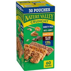 Nature Valley Crunchy Variety Pack includes 60 bars in 30 pouches featuring flavors: Oats 'n Honey, Peanut Butter, and Oats 'n Dark Chocolate, with 20g whole grain.