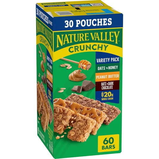 Nature Valley Crunchy Variety Pack includes 60 bars in 30 pouches featuring flavors: Oats 'n Honey, Peanut Butter, and Oats 'n Dark Chocolate, with 20g whole grain.