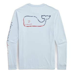 Light blue long-sleeve t-shirt featuring a distressed burgee pattern whale graphic on the back and \“Vineyard Vines\“ text on the sleeve.