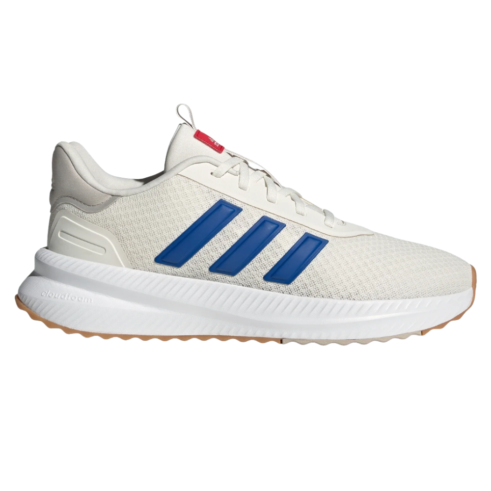Adidas running shoe with a beige upper, blue stripes, white cushioned sole, red tongue tag, and gum outsole. Features \“cloudfoam\“ technology.