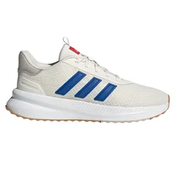 Adidas running shoe with a beige upper, blue stripes, white cushioned sole, red tongue tag, and gum outsole. Features \“cloudfoam\“ technology.