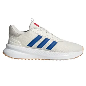 Adidas running shoe with a beige upper, blue stripes, white cushioned sole, red tongue tag, and gum outsole. Features \“cloudfoam\“ technology.