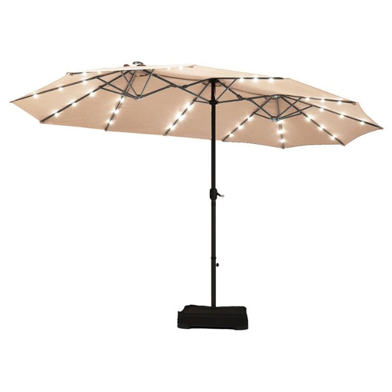 15' Solar LED Patio Umbrella with tan canopy and integrated string lights, featuring a black metal pole and base for stability.