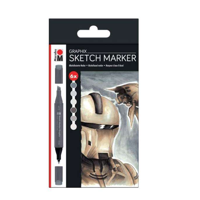 A pack of six Graphix sketch markers is displayed with color samples and a drawing exemplifying marker use.