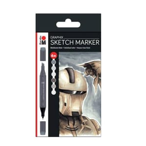 A pack of six Graphix sketch markers is displayed with color samples and a drawing exemplifying marker use.