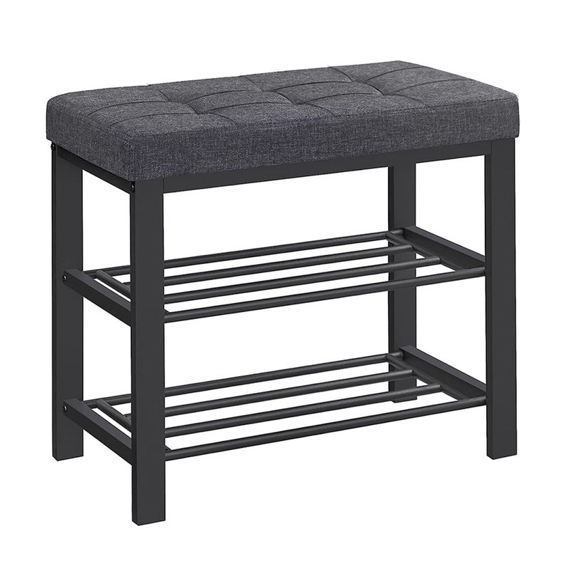A bench with a cushioned, tufted seat and a black metal frame, featuring dual slatted shelves for storage underneath.