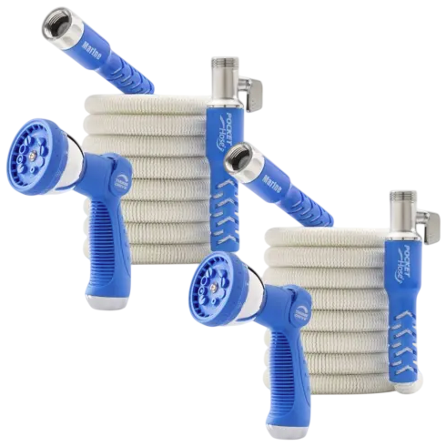 Two coiled garden hoses with blue spray nozzles featuring adjustable spray patterns.