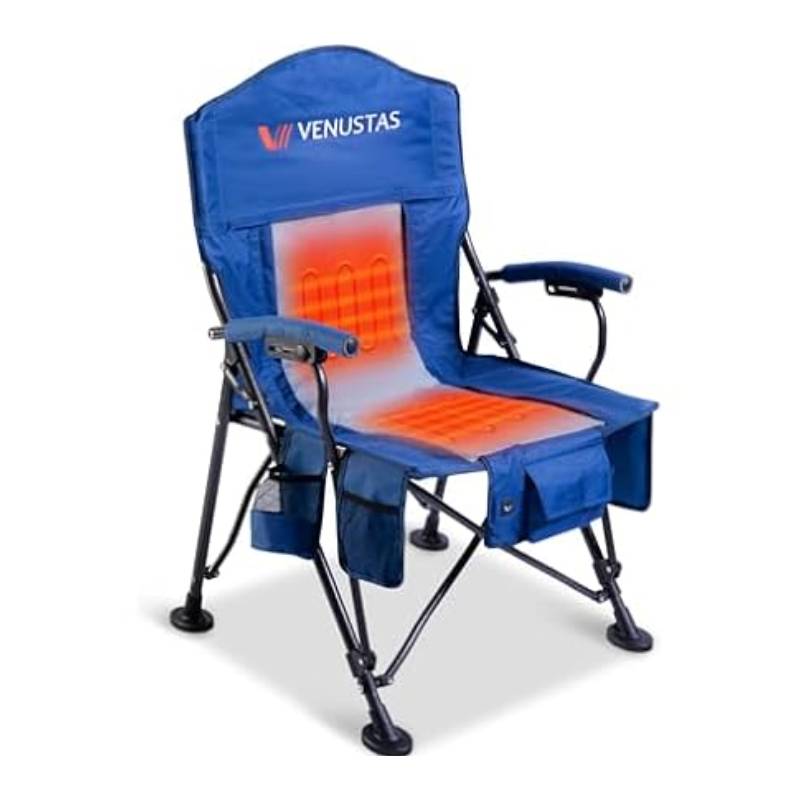 A blue portable heated camp chair with Venustas branding features heating elements in the back and seat, cup holders, and side pockets on a foldable, sturdy frame.