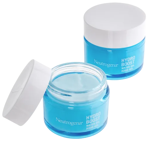 Neutrogena Hydro Boost Water Gel Aqua-Gel, a hydrating skincare product with a blue gel formula, is shown in two open jars with white lids.
