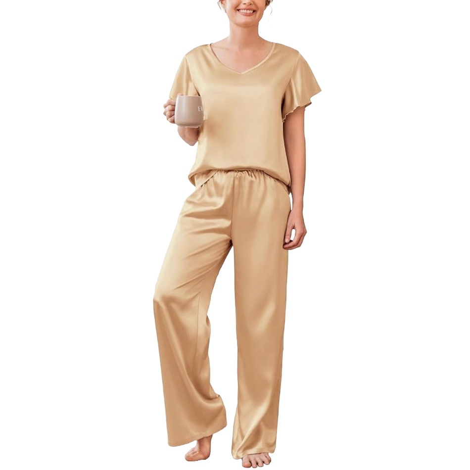 Women's satin pajama set featuring a short-sleeve V-neck top and long, loose-fitting pants in a beige color. The outfit has an elastic waistband for comfort.