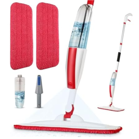 Spray mop set with a red and white design, featuring a refillable bottle, two red microfiber pads, and a scrub brush attachment. Ideal for efficient and easy floor cleaning.