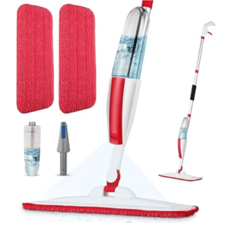Spray mop set with a red and white design, featuring a refillable bottle, two red microfiber pads, and a scrub brush attachment. Ideal for efficient and easy floor cleaning.