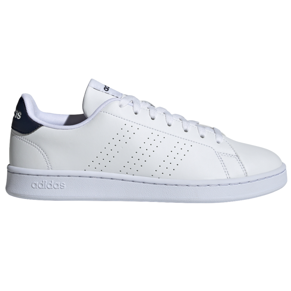 A white Adidas sneaker with subtle perforated stripes, featuring a low-top design and a dark blue heel accent.