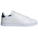 A white Adidas sneaker with subtle perforated stripes, featuring a low-top design and a dark blue heel accent.