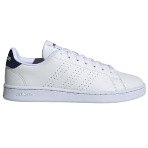 A white Adidas sneaker with subtle perforated stripes, featuring a low-top design and a dark blue heel accent.