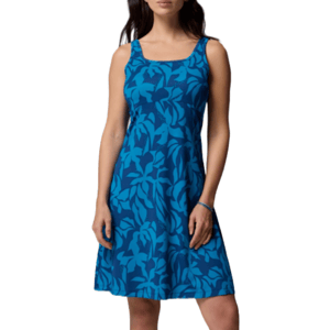 A sleeveless blue dress with a leaf pattern and a scoop neckline.