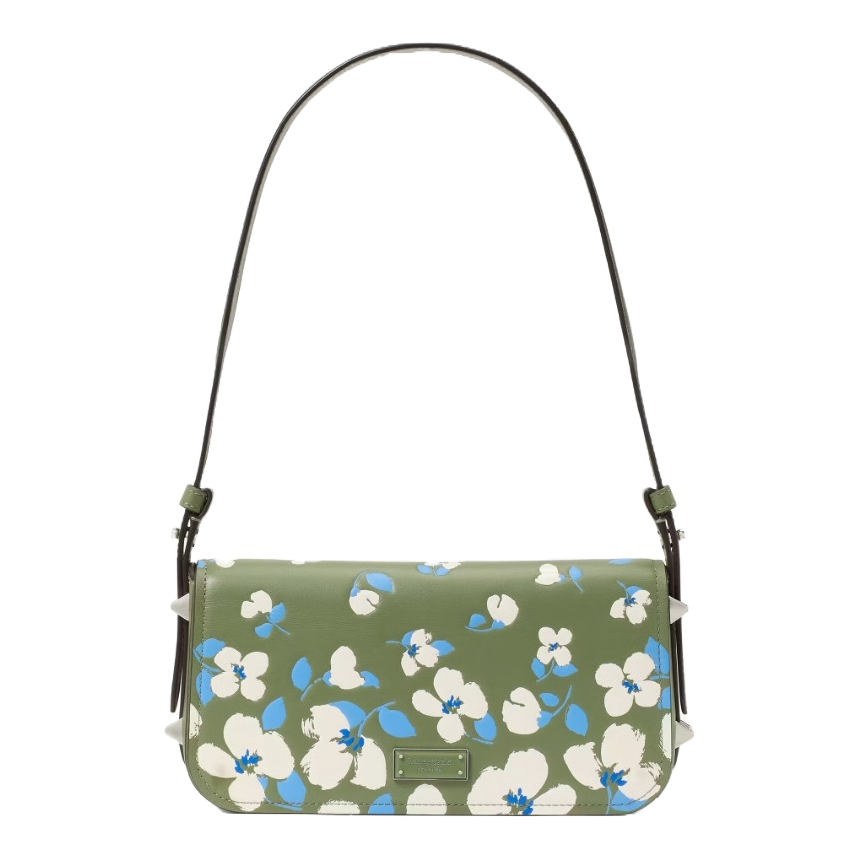 A green floral-patterned shoulder bag with white and blue flowers, featuring an adjustable strap and rectangular shape.