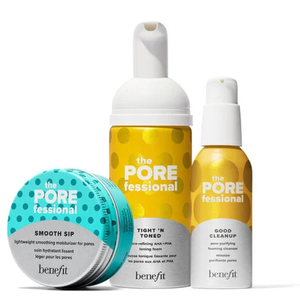The image shows three Benefit skincare products: \“Smooth Sip,\“ a lightweight moisturizer; \“Tight 'N Toned,\“ a pore-refining toning foam; and \“Good Cleanup,\“ a pore-purifying foaming cleanser.