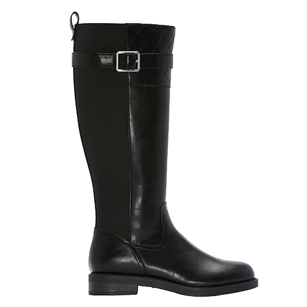 Black knee-high leather boot with quilted detailing at the top, featuring a silver buckle strap and a low block heel.