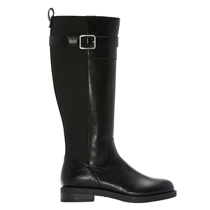 Black knee-high leather boot with quilted detailing at the top, featuring a silver buckle strap and a low block heel.