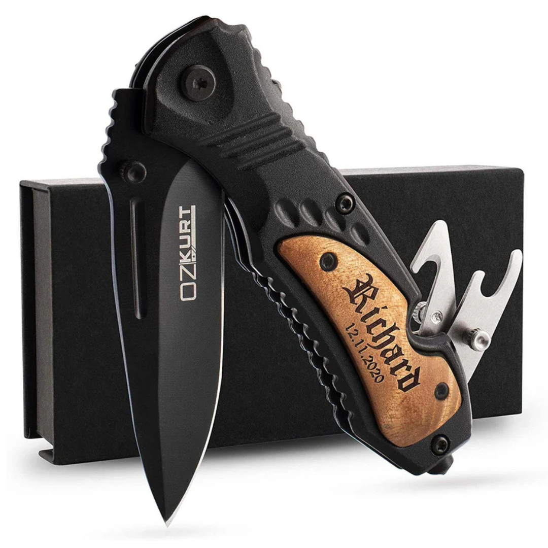 Folding pocket knife with a black blade, engraved wooden handle labeled \“Richard 12.11.2020,\“ and attached multifunctional tool, branded \“OZKURT\“.