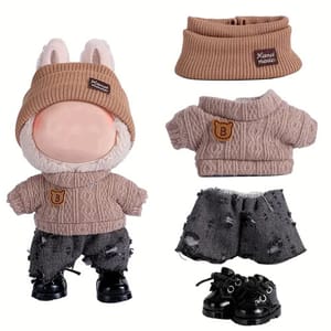 A cute doll wearing a knitted bunny ear hat, sweater, distressed shorts, and shoes, with additional outfit pieces including a sweater, shorts, and a neck warmer displayed alongside.