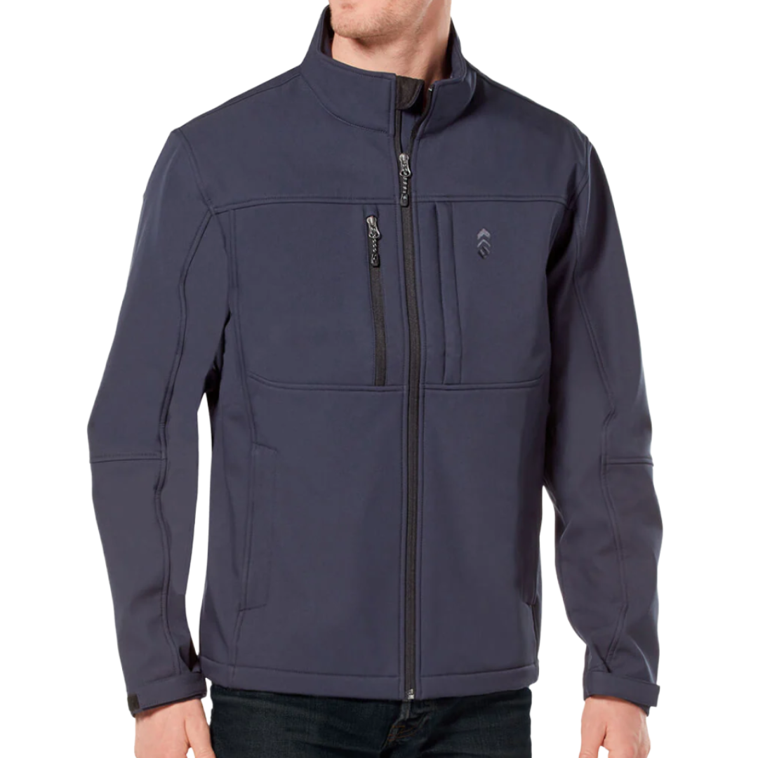 A navy blue softshell jacket with a full-zip front, stand-up collar, and multiple zippered pockets.