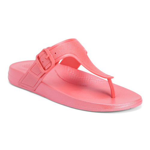 A single pink FitFlop Iqushion flip-flop with a thong design, adjustable buckle strap, and cushioned sole for comfort.