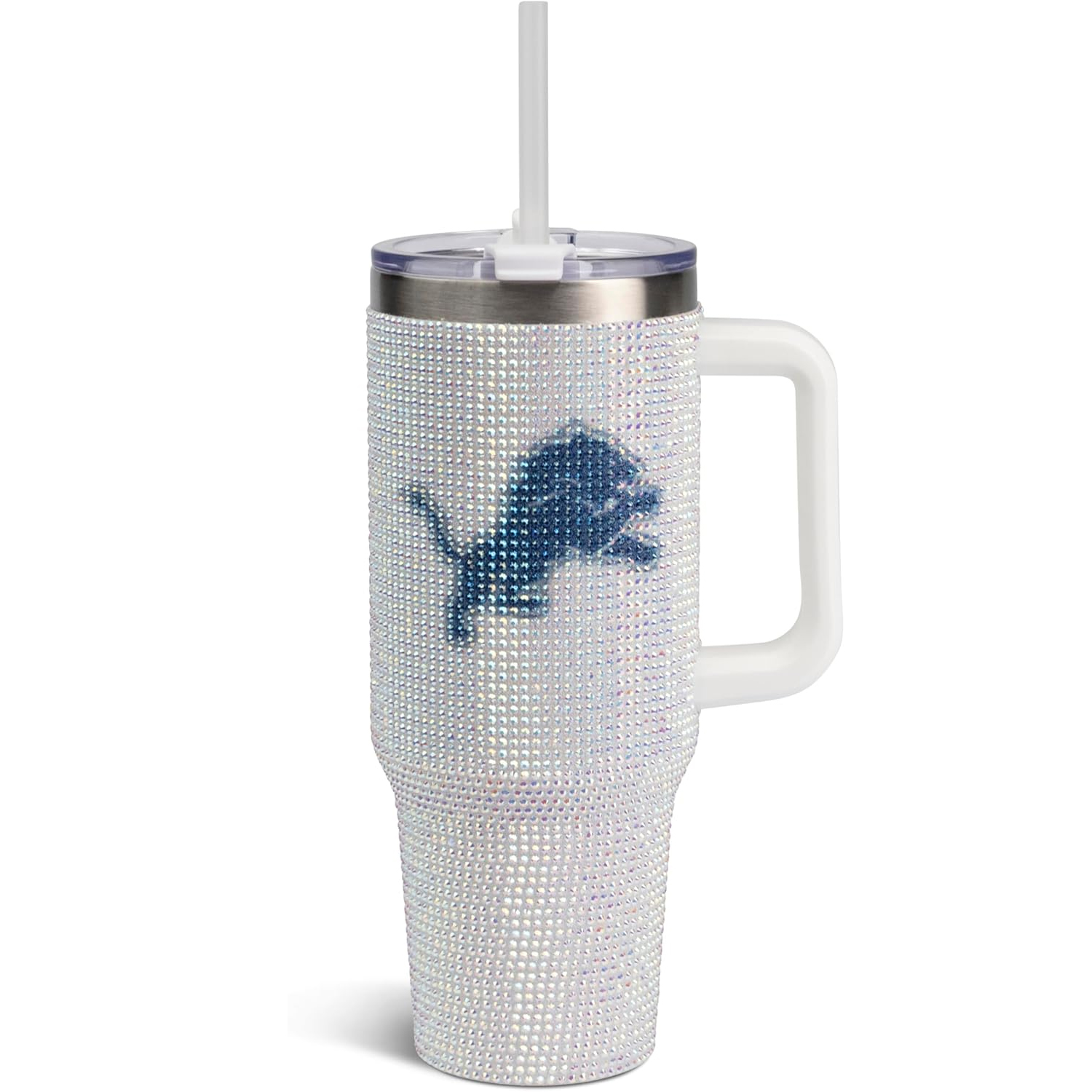 A rhinestone-studded tumbler with a handle and straw, featuring a blue silhouette of a jumping lion, indicative of the Detroit Lions NFL team.