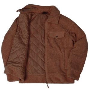 A brown fleece jacket with a quilted lining, featuring a buttoned chest pocket and side pockets.