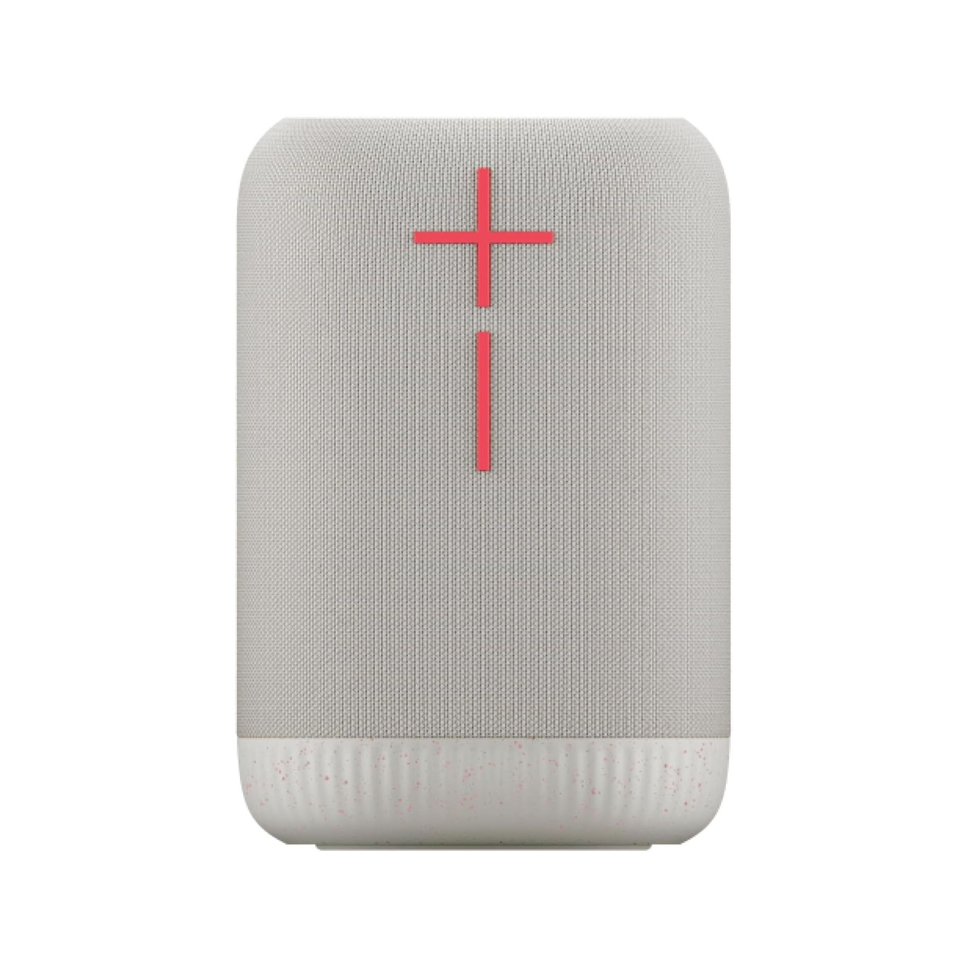UE Epicboom Bluetooth Speaker, featuring a gray fabric exterior with red volume buttons in a vertical design.